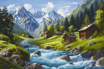 Illustration of beautiful blue river with wooden houses and mountain landscape.