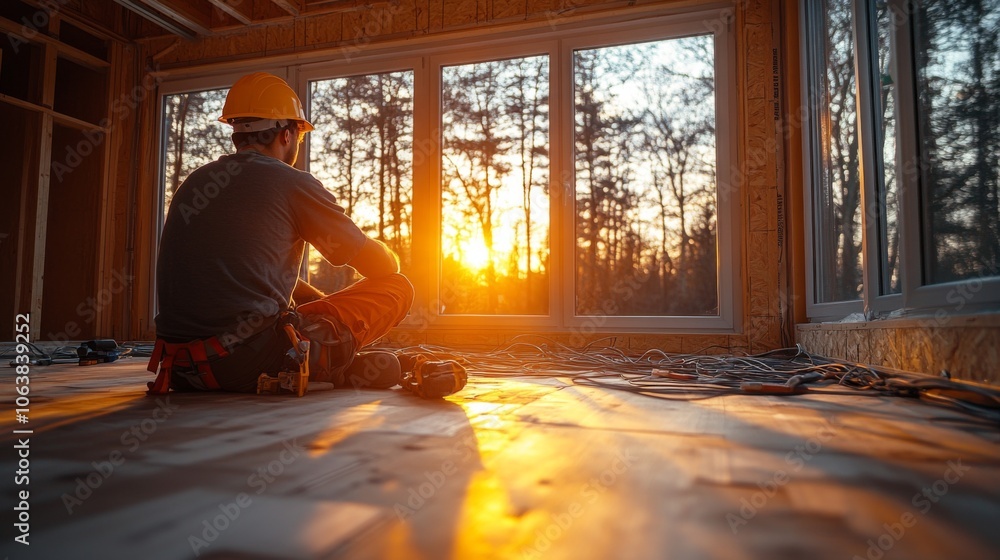 Poster a construction worker sits on the wooden floor of a new home, gazing at the sunset through large win