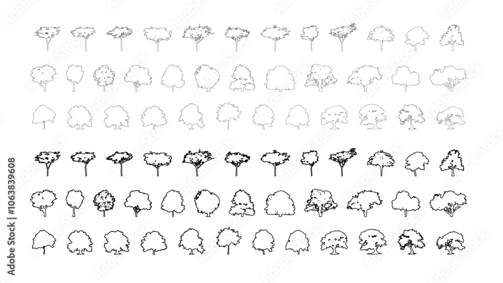 Poster Minimal style cad tree line drawing, Side view, set of graphics trees elements outline symbol for architecture and landscape design drawing. Vector illustration in stroke fill in white. Tropical, oak