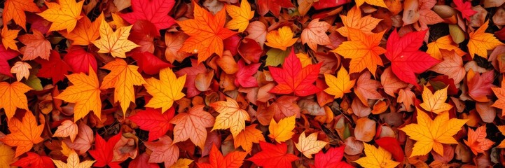 A close-up shot of vibrant orange and red fall leaves on the ground, colorful, red