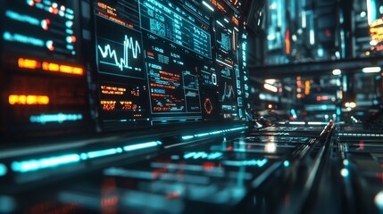 A futuristic interface with glowing blue and orange lines, displaying data and graphs.