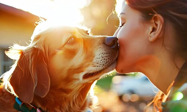 Golden Hour Kisses: Woman and Golden Retriever share a tender moment, bathed in the warm glow of sunset. A heartwarming of unconditional love and companionship. 