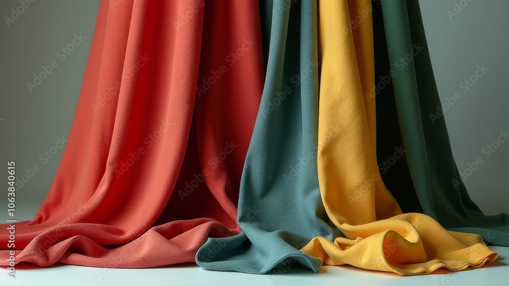 Poster three different colored pieces of fabric are laid out on a table