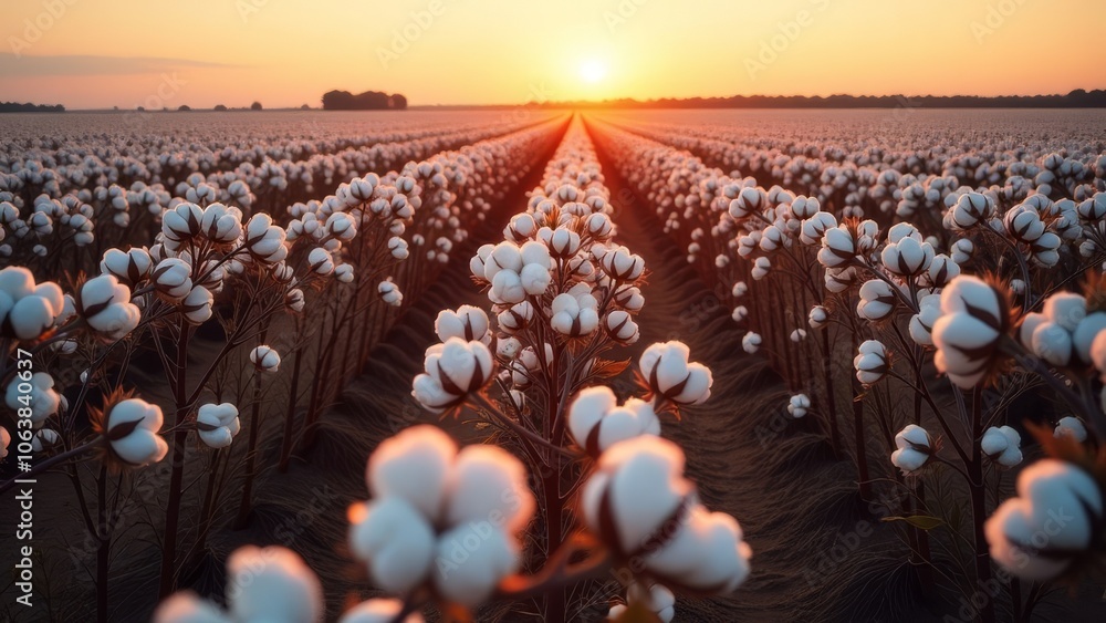Aufkleber a field of cotton flowers with the sun setting in the background
