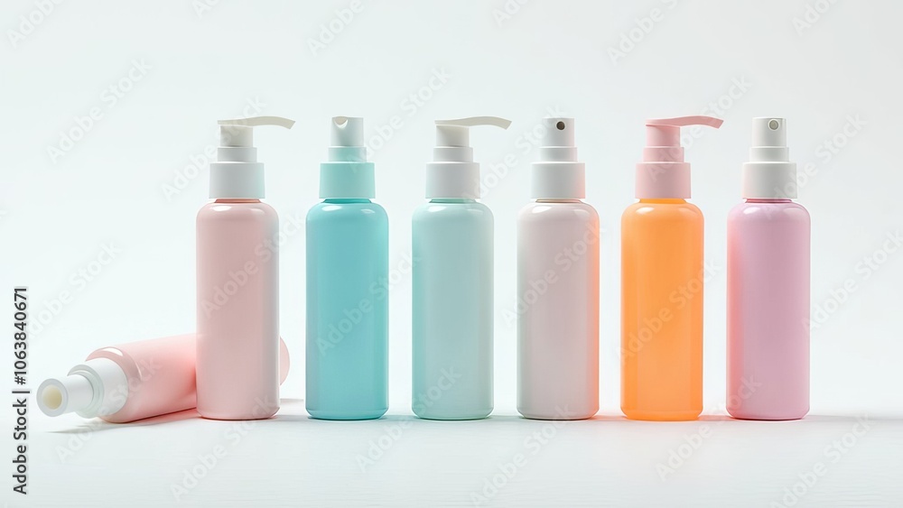 Poster A row of colorful plastic bottles with a white background