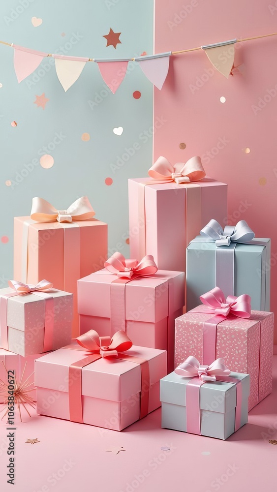 Poster a stack of pink and blue boxes with bows on them