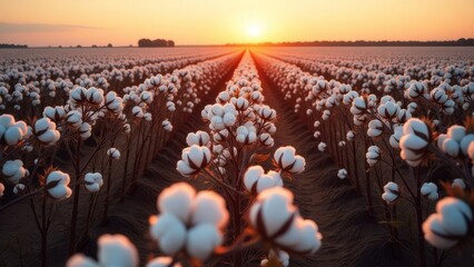 Obraz premium A field of cotton flowers with the sun setting in the background