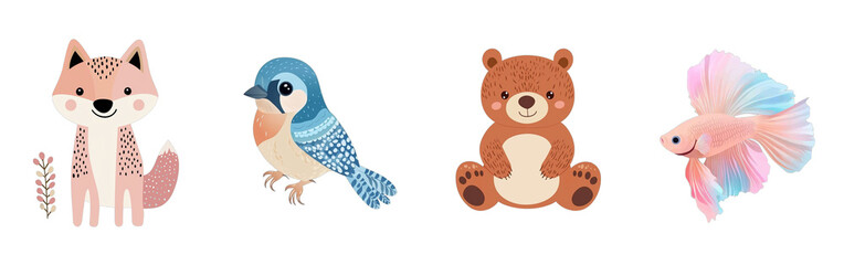 Obraz premium Collection set of baby animals Wolf Blue Beaver Betta isolated on transparent background illustration style