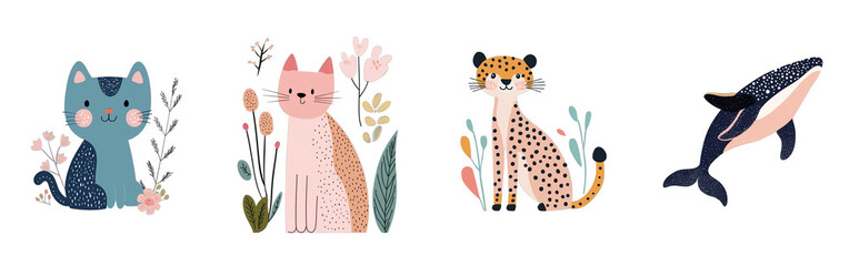 Collection set of baby animals Cat cat Cheetah Whale isolated on transparent background illustration  style