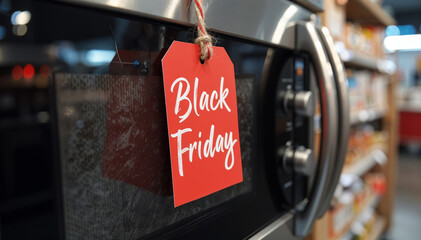 Appliance showcased with a colorful Black Friday tag in a store bustling with November customers.