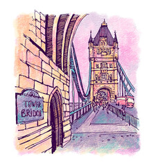 Sketch of Tower Bridge in London. Architecture sketch illustration. An urban colorful landscape of London city, UK. Freehand digital drawing. Hand drawn travel postcard. Banner, poster design.