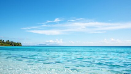 Fototapeta premium A calming ocean background featuring clear blue waters, gentle waves, and a cloudless sky, tropical, sky