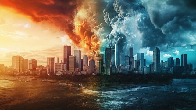 A collage depicting extreme weather events  hurricanes, tornadoes, and heatwaves amid climate change