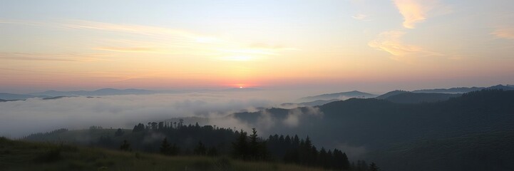 Fototapeta premium A breathtaking sunset over a tranquil mountain range, casting a warm glow on the peaceful landscape shrouded in mist, peaceful, natural