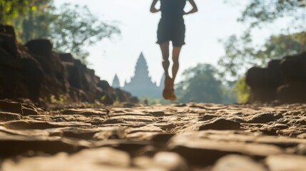 Adventurous Runner Conquering Rocky Terrain with Temple in Distance