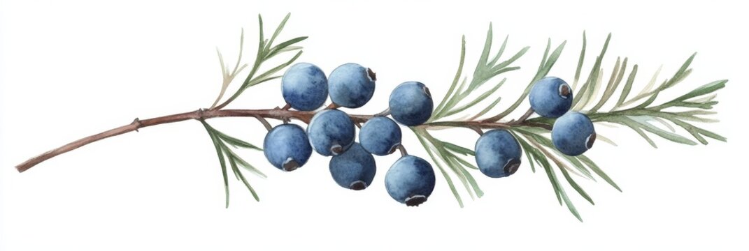 Watercolor illustration of a juniper branch with berries. The branch is green and the berries are blue. The image is perfect for use in botanical illustrations, greeting cards, and other design projec