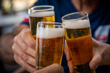Three unrecognisable people having a toast with beer glasses