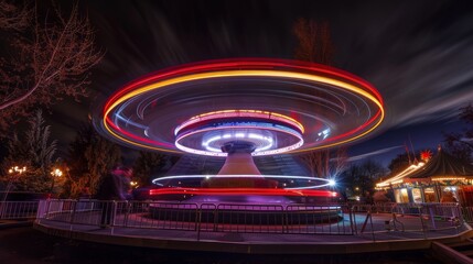 Obraz premium Bright light trails stream from the top of a loopdeloop ride catching the eye of passersby.