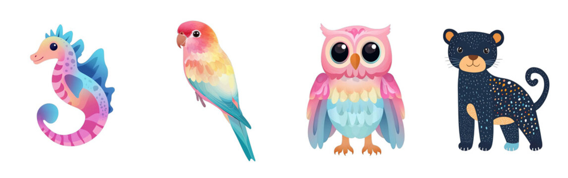 Collection set of baby animals Seahorse Parrot Owl Panther isolated on transparent background illustration  style
