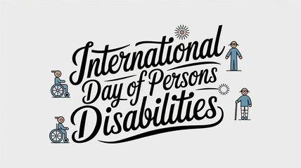 Fototapeta premium International Day of Persons with Disabilities letterind banner with wheelchair, person with glasses and a person with a cane, calligraphy poster, generative AI