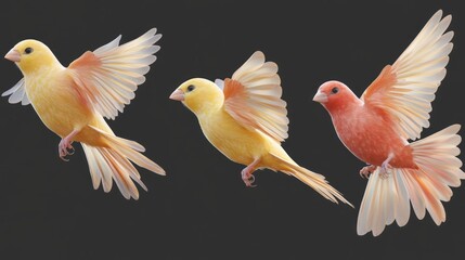 Obraz premium Herd of Five Colorful Canaries Twirling in Playful Formation - 3D Animation