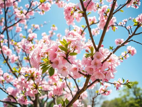 A blossoming cherry blossom tree in full bloom, with vibrant pink flowers against a clear blue sky, growth, tree