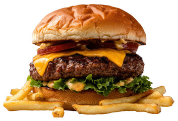 Indulge in a juicy cheeseburger served with crispy french fries for the ultimate fast food experience transparent background