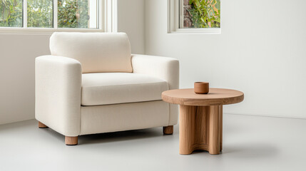 Cozy armchair and wooden side table in modern, minimalist living space. soft fabric and natural wood create warm and inviting atmosphere