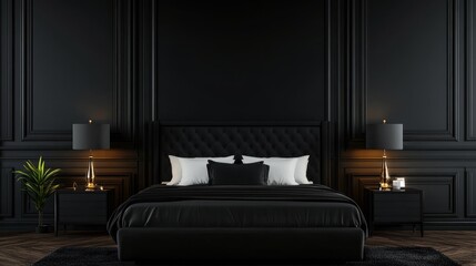 A luxurious black bedroom interior with elegant touches, featuring a tufted headboard, black walls, dark hardwood floors, and sleek bedside lamps, creating a sophisticated and inviting atmosphere.