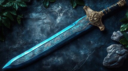 A fantasy sword with a blue blade, gold hilt, and intricate designs lies on a dark stone surface with leaves and rocks around it.