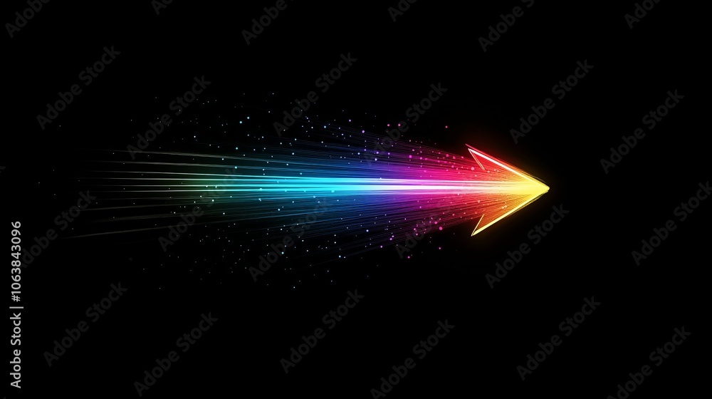 Poster dynamic and elegant glowing arrow of light beams pointing right against a black background