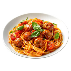 Highly realistic advertising photo of a spaghetti with meatballs and tomatoes isolated on transparent background