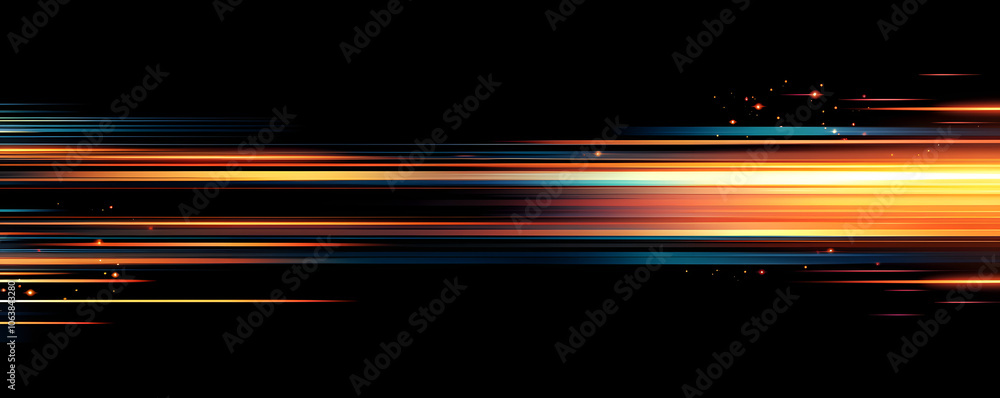 Poster the effect of orange light in fast motion on a black background. blurred abstract background with lo
