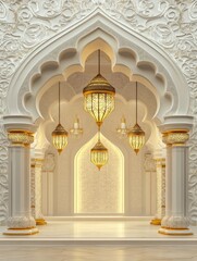 A stunning image of a luxurious Islamic archway with hanging lanterns, symbolizing faith, beauty, tradition, and light.