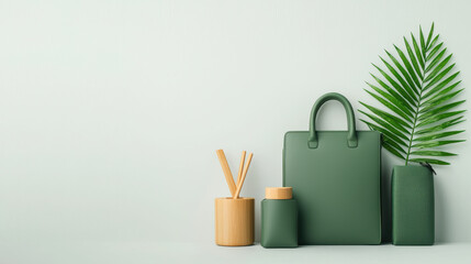 Obraz premium Stylish green accessories including bag, vases, and palm leaf create serene atmosphere. Perfect for home decor or lifestyle themes