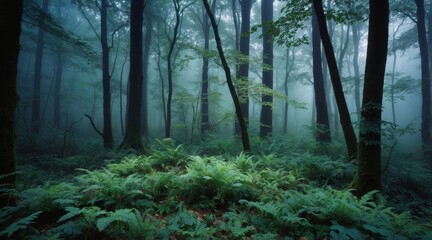 Obraz premium A mystical autumn forest shrouded in morning fog