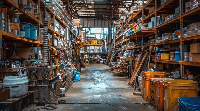A cluttered warehouse with shelves full of various items, including tools, paint, and other supplies. - Powered by Adobe