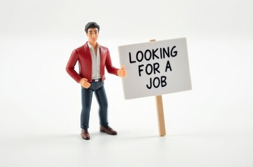 toy man holding a sign with the text (I'm looking for a job)
