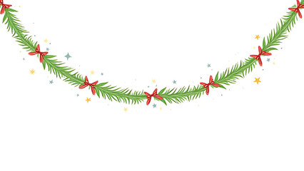 A vector illustration features a Christmas tree garland with green fir branches surrounded by festive decorations against a white background