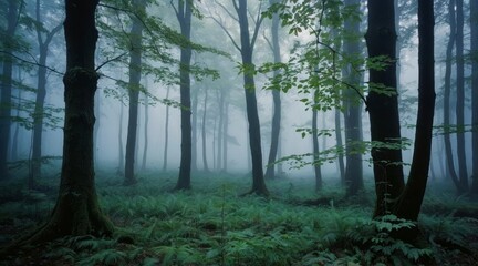 Obraz premium A mystical autumn forest shrouded in morning fog
