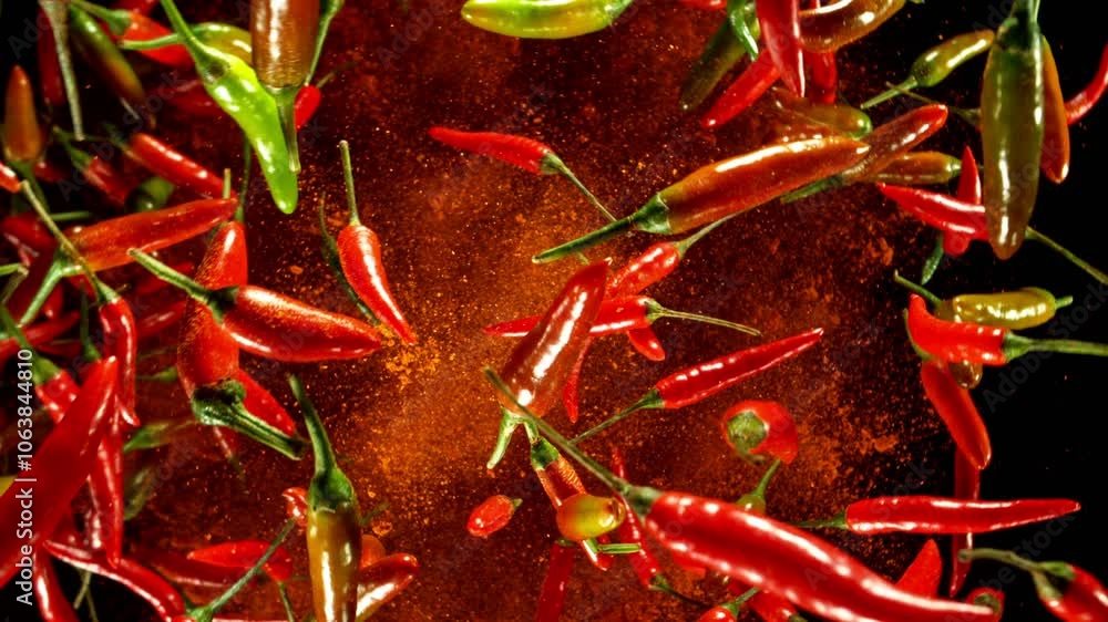 Poster super slow motion of flying and rotating chilli peppers with dry chilli powder. black background. fi