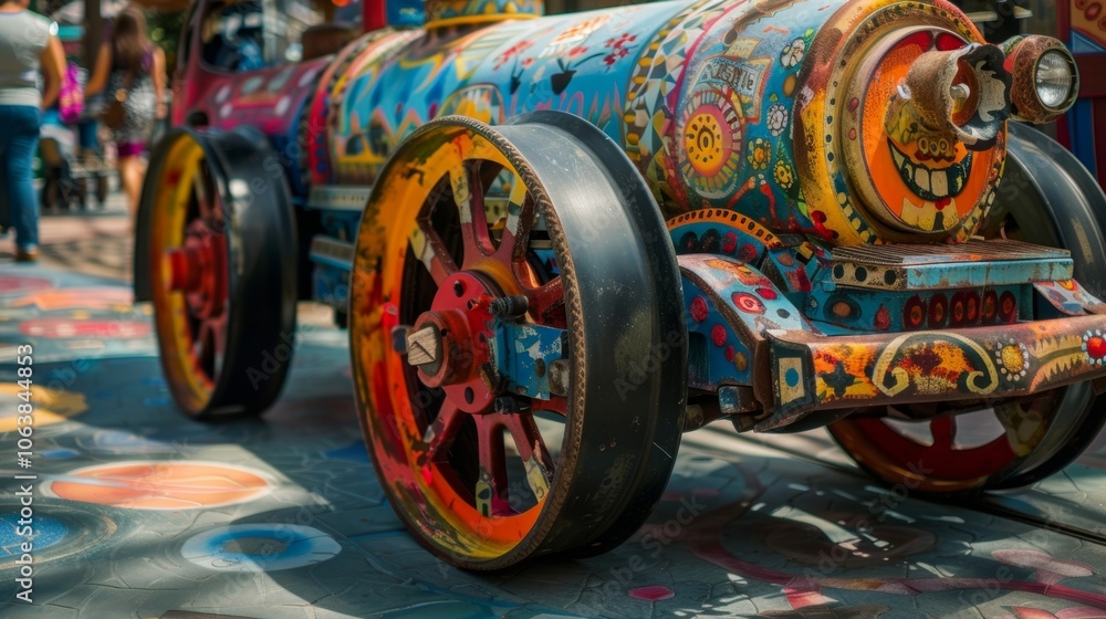 Poster a brightlycolored steam roller adorned with retro decals draws the attention of passersby with its u