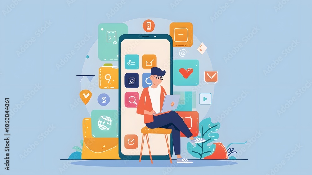 Poster young man using smartphone with colorful app icons on screen