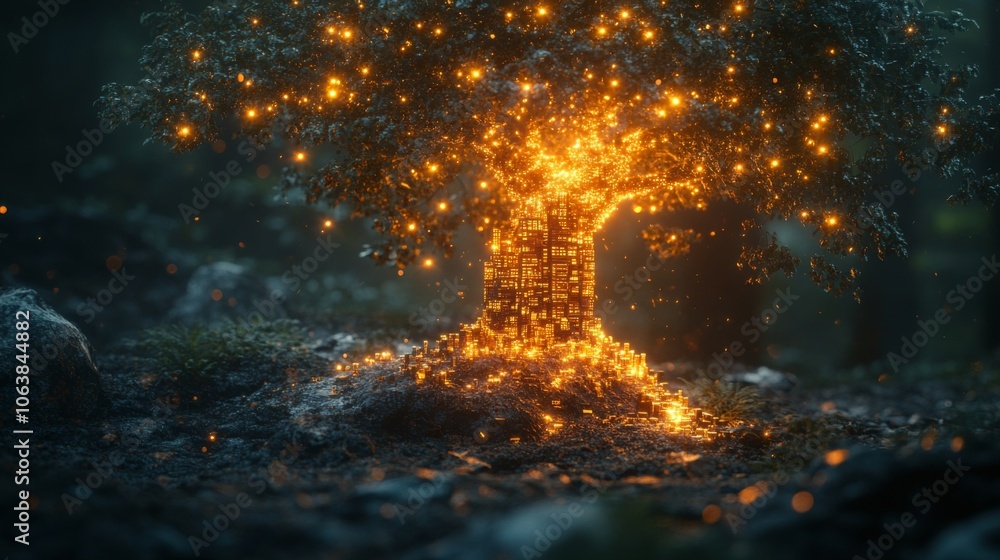 Aufkleber A glowing tree stands in a tranquil forest, illuminated by countless orbs of light. The scene exudes a mystical charm, as soft twilight envelops the surroundings.