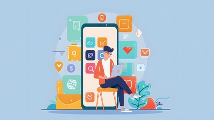 Fototapeta premium Young Man Using Smartphone with Colorful App Icons on Screen