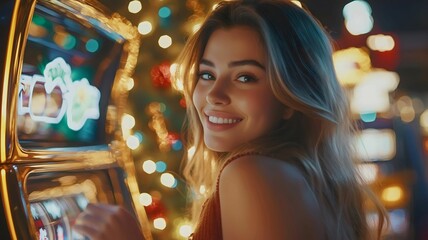 Beautiful young woman enjoys a night out playing a slot machine at a casino.