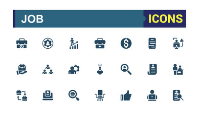 Job icons. Includes solid icons for recruitment, worker, team, job, meeting, work, person, contract. Collection for mobile and web apps. Vector filled icons Collection.