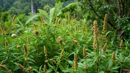 A vibrant and lush forest scene featuring a variety of green foliage, trees, and plants, lush, trees