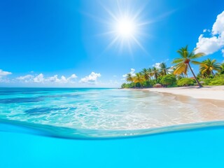 Fototapeta premium A vibrant and colorful beach scene with umbrellas, lounge chairs, and crystal clear turquoise water under a bright blue sky, paradise, water