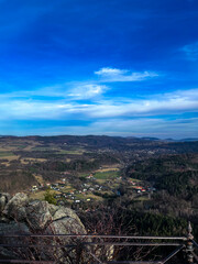 Panoramic view of a rural valley with scattered houses, rolling hills, and dense forest. Under a clear blue sky with wispy clouds, the scene captures the tranquility of countryside life